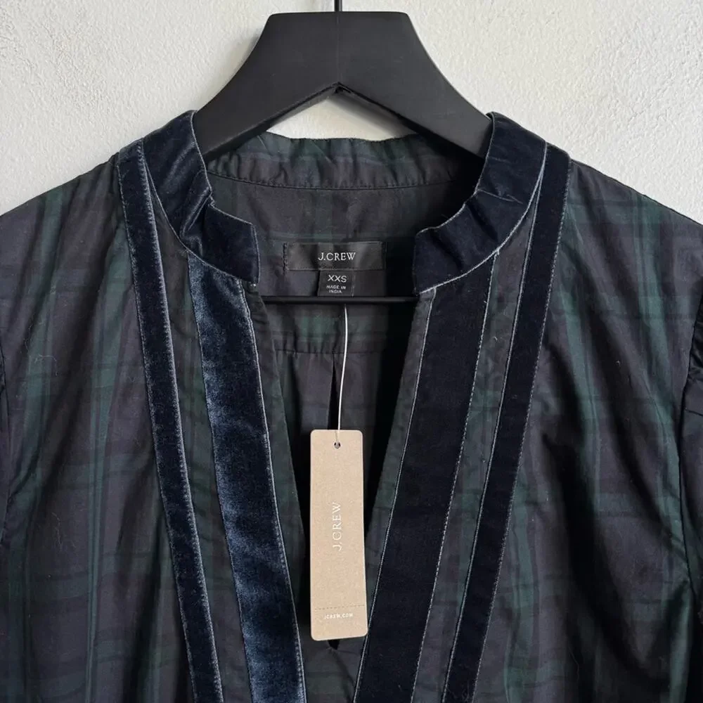 J.Crew Velvet Trimmed V-Neck Tunic in Black Watch Tartan Print Size XXS